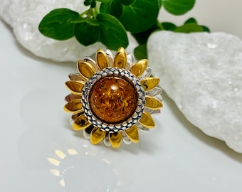 Baltic Amber Sunflower Ring,Silver and Gold Amber Ring,Bernstein,Sun Silver Ring,Amber Jewelry,Unique Amber Jewelry,Luxury Amber Jewelry,