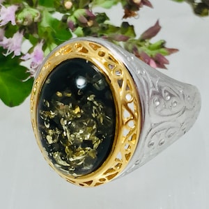 Baltic Amber Ring,Unisex Amber Ring ,Silver Ring,Amber Stone,Bernstein,Amber Jewelry ,Amber and Silver,Green Amber  Unisex Gold  Ring, Gift,
