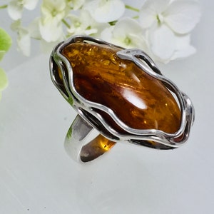 Big Amber Ring,Cocktail Silver and Amber Ring,Bernstein Big Ring,Classic Amber Ring,Big Amber Jewelry,Unique Honey Big Amber Ring,Amber Gift