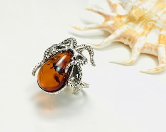 Octopus Silver Ring,Nautical Gift,Bernstein,Natural Baltic Amber Jewelry,Sea Beach Ocean Jewelry,Big Adjustable Amber Animals Ring,Sea Squid