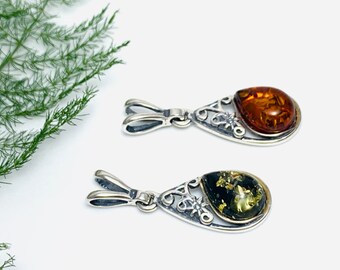 Baltic Amber Pendant,Bernstein,Teardrop Amber Pendant,Silver Pendant,Unisex Amber Jewelry,Small Floral Amber Pendant,Amber Stone,Amber Gift,
