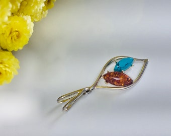 Teardrop Amber Pendant,Bernstein,Natural Turquoise and Amber Pendant,Birthstone Jewelry,Silver Jewelry,Women Pendant,Turquoise Pendant,Gift