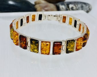 Rectangular Multi-Color Natural Baltic Amber Bracelet,Moderne Amber Bracelet,Bernstein Bracelet,Amber Jewelry,Amber and Silver