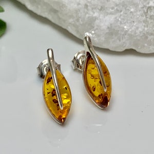 Small Baltic Amber Earrings,Stud Marquise Earrings,Amber and Silver, Amber Jewelry Gift,Bernstein Earrings,