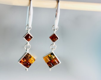 Multicolour Amber Earrings,Long Amber Earrings,Bernstein,Silver and Amber Jewelry,Women Earrings,Square Amber Stone Earrings,Souvenir Amber