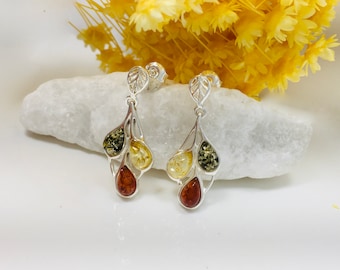 Multicolour Amber Earrings,Dangle Amber Earrings,Bernstein,Silver and Amber Jewelry,Souvenir Amber Stone,Women Amber Earrings,Genuine Amber