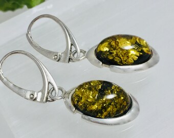 Dangle Silver Earrings with Natural Baltic Amber of Green Color,Elegant Amber Earrings,Bernstein Green Earrings,Amber and Silver Gift,