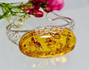 Baltic Amber Bracelet,Amber Cuff Bracelet,Bernstein,Amber Stone,Silver Bracelet,Amber and Silver Jewelry,Amber Floral Bangle Bracelet,Gift