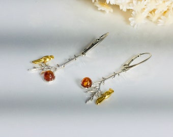 Frauen Bernstein Ohrringe,Bernstein,Gold und Silber Ohrringe,Souvenir Bernstein Stein,Vogel Silber Ohrringe,Tier Bernstein Schmuck,Lange Bernstein Ohrringe