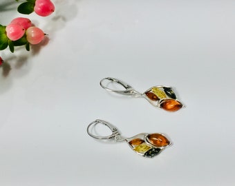 Multicolor Baltic Amber Earrings,Bernstein,Dangle Amber Earrings,Women Earrings,Birthstone Earrings,Amber Souvenir,Silver and Amber Jewelry