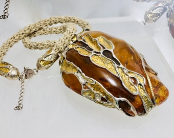 Pingente grande de âmbar do Báltico, pedra rara de âmbar, pingente de âmbar caramelo, âmbar bruto, Bernstein, âmbar e prata, colar de âmbar amarelo, âmbar exclusivo