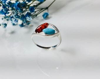 Natural Turquoise Ring,Birthstone Jewelry,Women Ring,Bernstein,Amber and Turquoise Jewelry,Silver Jewelry,Amber Souvenir Gift,Gemstone Ring