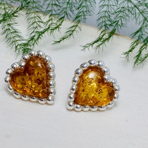 Baltic Amber Earrings, Bernstein,Small Amber Heart Earrings,Stud Heart Silver Earrings,Valentines Day Gift,Heart Jewelry,Women Earrings,