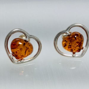 Heart Amber Earrings,Studs Amber Earrings,Heart Bernstein Earrings,Modern Amber Earrings,Silver and Amber Jewelry,  Valentines Day Gift,