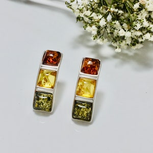 Stud Women Earrings,Bernstein,Amber and Silver Earrings,Women Jewelry,Square Amber Earrings,Everyday Amber  Earrings,Gemstone Earrings,Gift