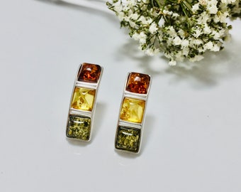 Stud Women Earrings,Bernstein,Amber and Silver Earrings,Women Jewelry,Square Amber Earrings,Everyday Amber  Earrings,Gemstone Earrings,Gift