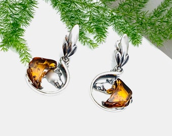 Baltic Amber Horse Earrings,Bernstein,Silver Horse Head Earrings,Drop Amber Earrings,Amber Animals,Amber Horse Gift,Women Jewelry,AmberStone