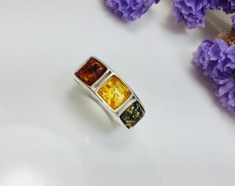 Mehrfarbenedelstein-Ring, Silber und Bernsteinstein-Ring, Frauen-Bernstein-Schmuck, Bernstein-Souvenir, Bernstein, alltäglicher Ring, Geschenk für Frauen, silberner Ring