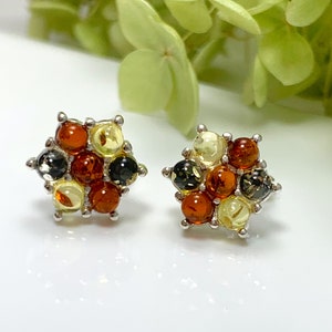 May include: A pair of silver earrings with a flower design. Each earring has nine round amber stones in shades of yellow, orange, and brown, and three black stones.