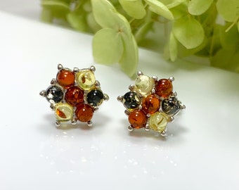 Baltic Amber Earrings,Silver Earrings,Multicolor Amber Earrings,Stud Amber Floral Earrings,Bernstein,Amber Gift,Amber Stone,Amber Jewelry,