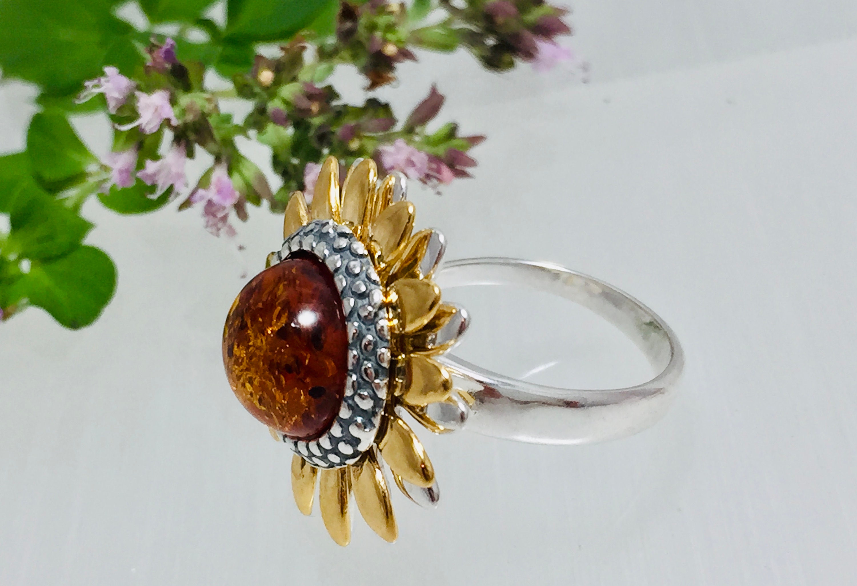 Baltic Amber Sunflower Ring,silver and Gold Amber Ring,bernstein,sun ...
