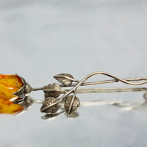 Long Baltic Amber Rose Brooch,Bernstein Brooch,Oxidized Sterling Silver Brooch with Carved Amber Cognac Rose ,Amber Jewelry,Luxury Jewelry