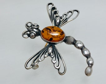 Dragonfly Amber Brooch,Silver and Amber Jewelry,Filigree Silver and Amber Dragonfly Brooch,Bernstein Dragonfly Brooch ,Bernstein Jewelry