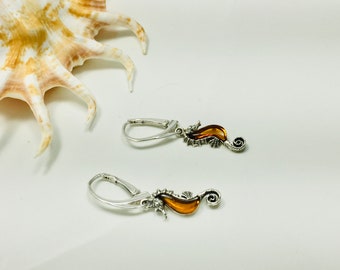 Gemstone Seahorse,Women Jewelry,Bernstein,Amber Animals Jewelry,Women Earrings,Ocean Life Seahorse,Silver and Amber Earrings,Genuine Amber