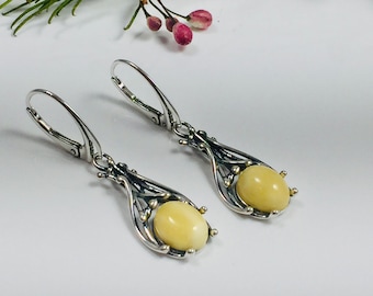 Long Amber Earrings,Bernstein,Detailed Silver and Amber Earrings,Women Jewelry,Gift for Her,Vintage Style Jewelry,Yellow Amber Earrings,