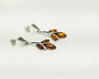 Dangle Silver Earrings,Women Earrings,Bernstein,Silver and Amber Jewelry,Gemstone Earrings,Classic Amber Earrings,Souvenir Amber Stone,Gift