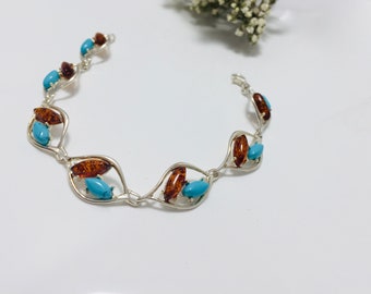 Bernstein,Adjustable Amber Bracelet,Natural Turquoise and Amber Bracelet,Women Jewelry,Amber and Silver Jewelry,Souvenir Amber Stone,Gift