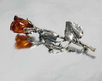 Broche grande de rosa de ámbar báltico, broche de rosa de Bernstein, broche de plata de ley oxidada con rosa de ámbar tallada, joyas de ámbar,