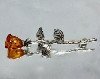 Delicate Amber Rose Brooch,Bernstein Rose Brooch,Oxidized Sterling Silver Brooch with Carved Amber Rose,Amber Jewelry,Bernstein Jewelry,Gift