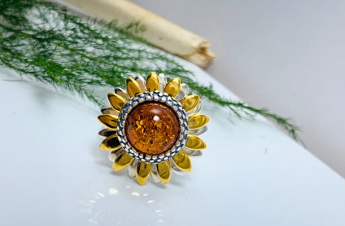 Baltic Amber Sunflower Ring,silver and Gold Amber Ring,bernstein,sun ...