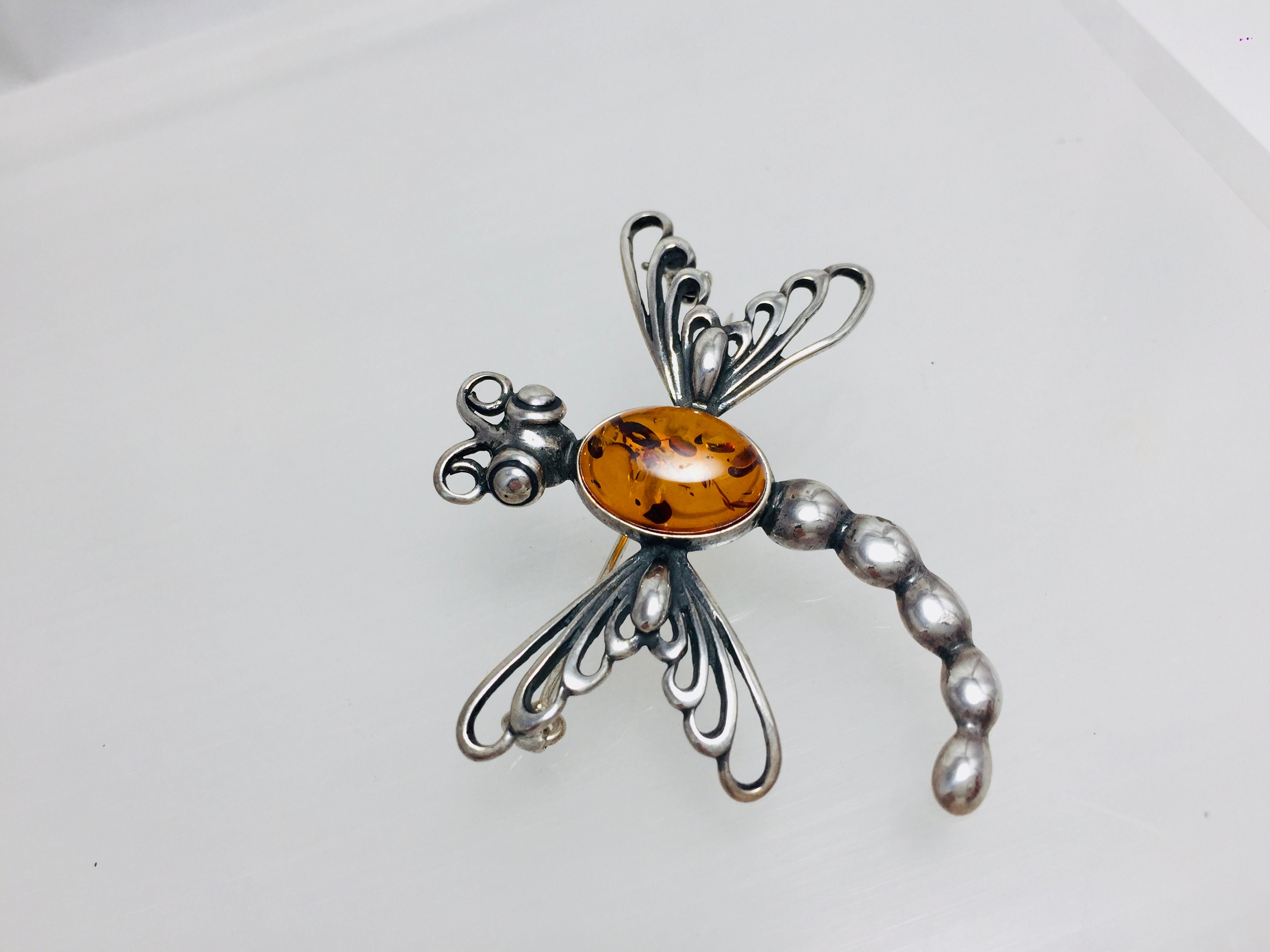 Broche Libellule En Argent Et Ambre - Bijou Vintage Occasion, Idéal Pour Collectionneurs
