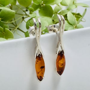 Long Stud Amber Earrings,Stylish Amber and Silver Earrings,Amber and Silver Jewelry,Bernstein Earrings,Delicate Amber Earrings,Amber Gift