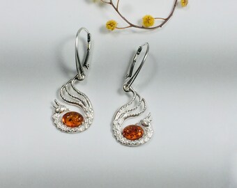 Bird Amber Earrings,Bernstein,Women Amber Earrings,Silver and Amber Phoenix Earrings,Amber Animals Jewelry,Souvenir Amber Stone,Women Gift