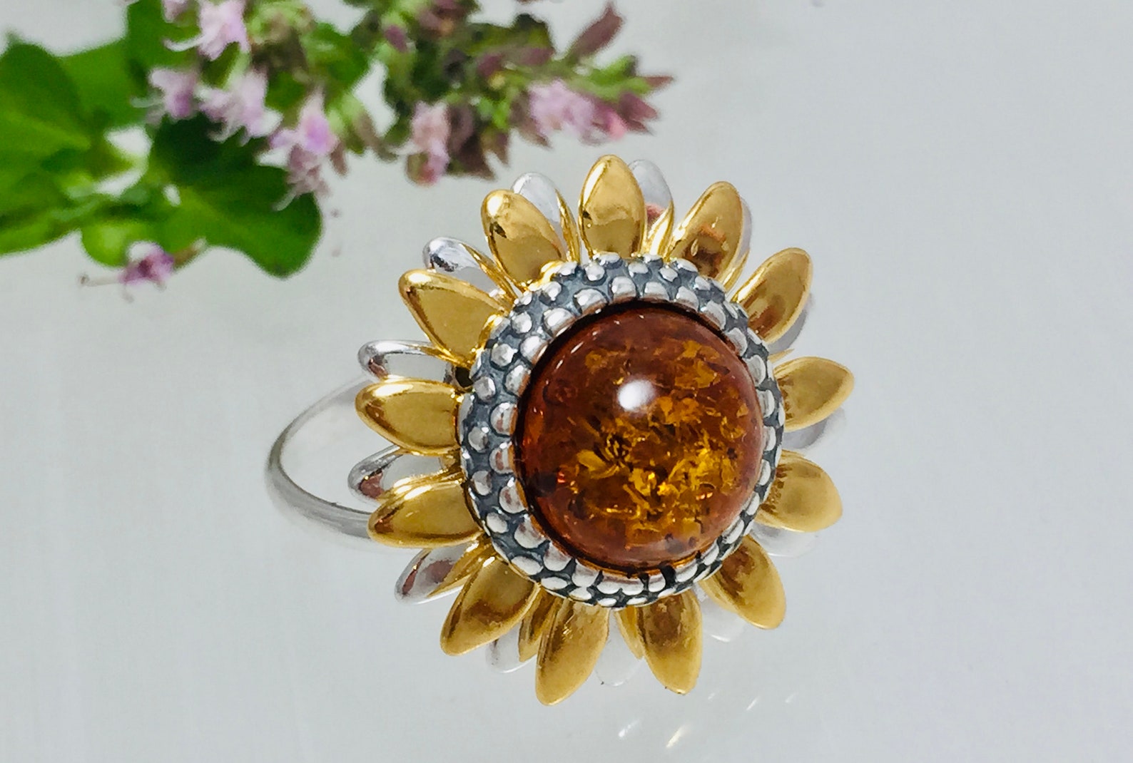 Baltic Amber Sunflower Ringsilver and Gold Amber - Etsy