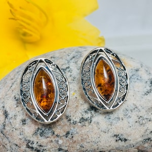 Stud Baltic Amber Earrings,Classic Amber Earrings,Filigree Silver Earrings,Bernstein ,Amber Stone,Vintage Amber Jewelry,Amber with Silver