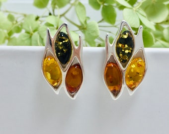 Elegant Silver and Natural  Multi-Color Baltic Amber Earrings,Stud Amber Earrings,Bernstein Amber Jewelry, Modern Stud Earrings,Amber Gift