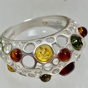 Baltic Amber Ring,Bernstein,Amber Stone,Silver Ring,Amber and Silver Jewelry,Amber Cuff Ring,Multicolor Amber Ring,Large Silver band ring,