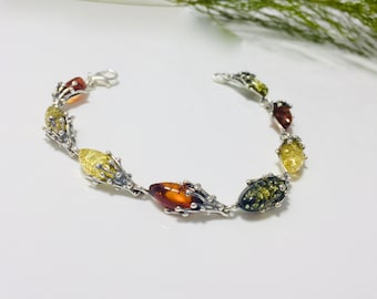 Multicolor Amber Bracelet, Women's Jewelry, Silver and Amber Bracelet, Amber Stone Souvenir, Vintage Style Bracelet, Gemstone Bracelet