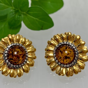 Baltic Amber Earrings ,Bernstein,Sun Amber Stud Earrings,Silver and Gold Amber Earrings,Luxury Amber Jewelry,Amber Gift,Sunflower Earrings