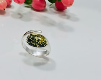 Green Amber Stone Ring,Bernstein,Classic Amber Ring,Wrap Around Amber Ring,Everyday Jewelry,Silver and Amber  Open Ring, Women Amber Ring,