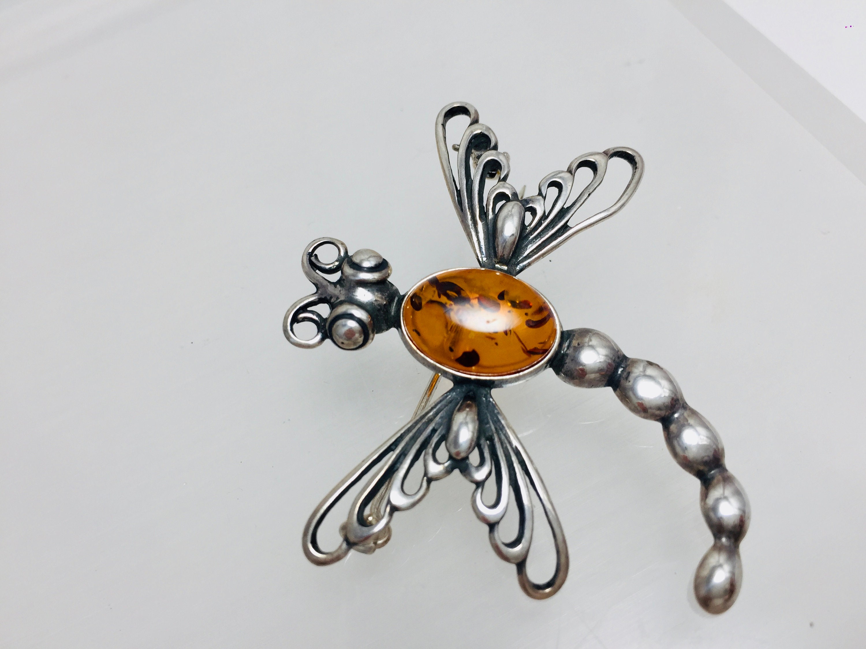 Broche Libellule En Argent Et Ambre - Bijou Vintage Occasion, Idéal Pour Collectionneurs