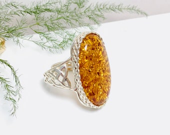 Baltic Amber Ring,Big Amber Stone Ring,Bernstein,Adjustable Amber Ring,Silver Jewelry,Amber Gift,Women Jewelry,Filigree Amber Ring,Jewellery