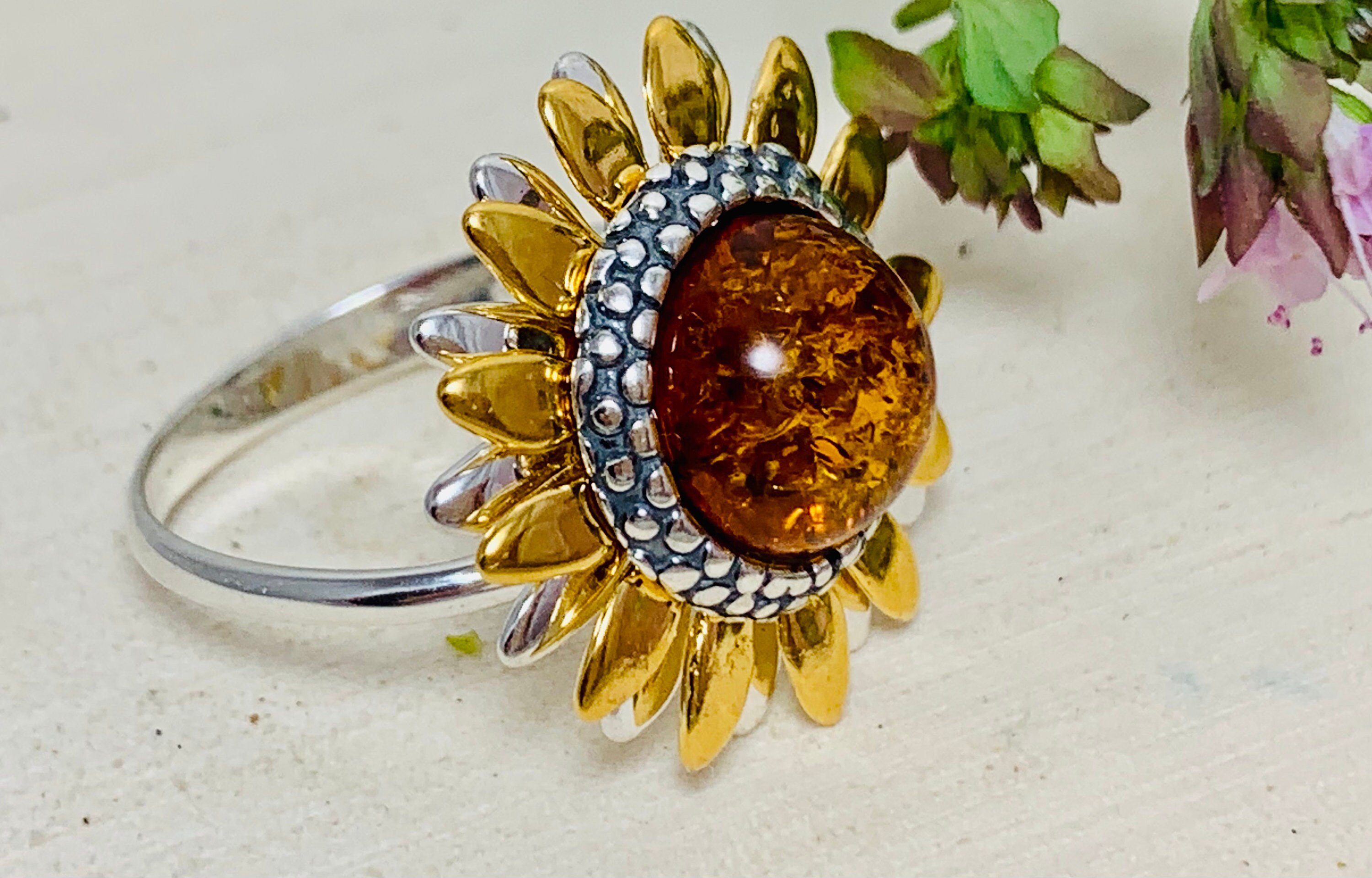 Baltic Amber Sunflower Ring,silver and Gold Amber Ring,bernstein,sun ...