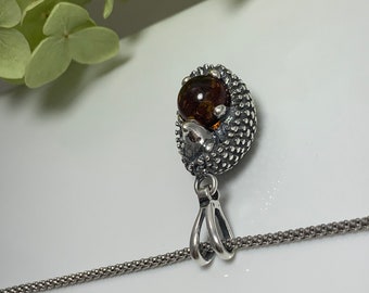Collana In Argento 925 Con Riccio E Ambra Baltica Cognac – Ciondolo Cabochon Ovale 8x10 Mm, Catena Serpente 45-50 Cm, Regalo In Astuccio - 2