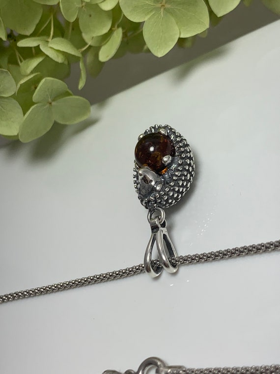 Collana Donna Riccio In Argento 925 Con Ambra Baltica Color Cognac - Ciondolo E Catena A Serpente 45-50 Cm Con Certificato