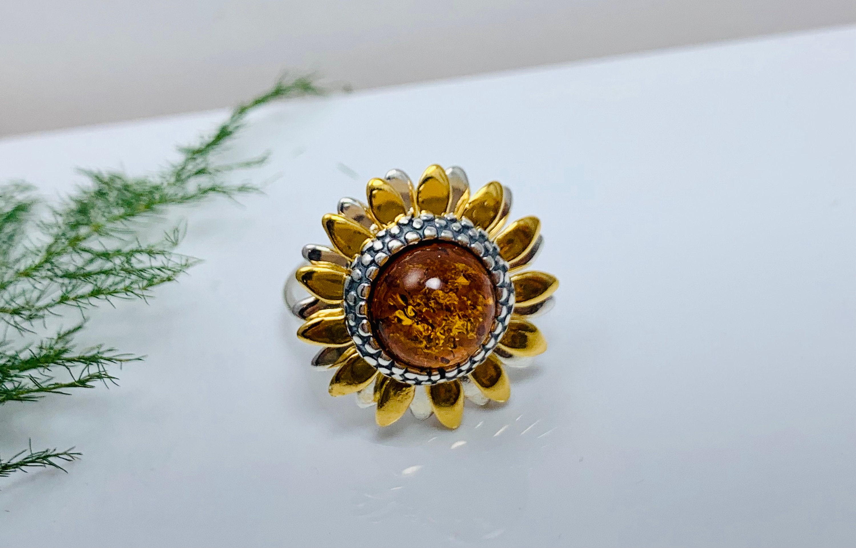 Baltic Amber Sunflower Ring,silver and Gold Amber Ring,bernstein,sun ...